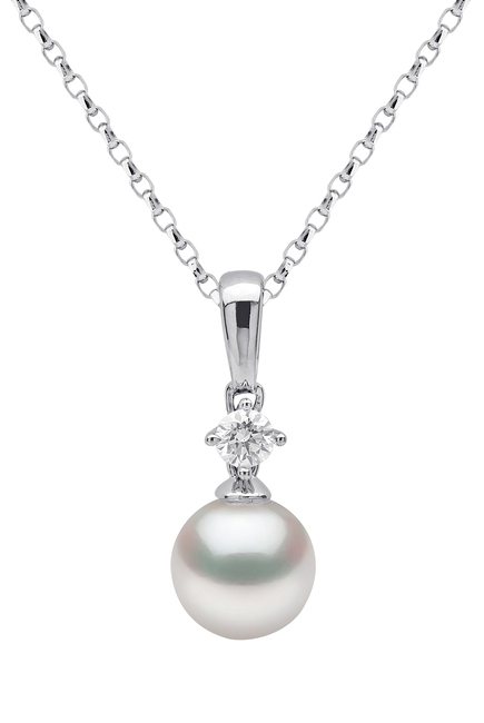 Classic Pendant Necklace, 18k White Gold, Diamond & 7mm Pearl